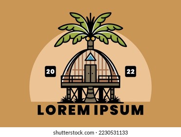 Illustration badge design of a Wooden house with big coconut tree