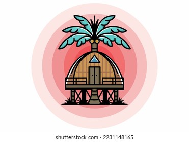 Illustration badge design of a Wooden house with big coconut tree