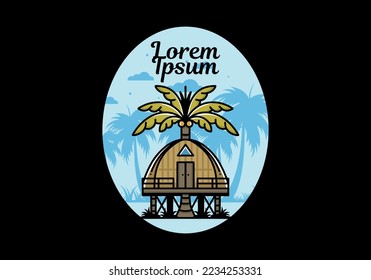 Illustration badge design of a Wooden house with big coconut tree