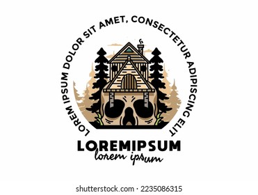 Illustration badge design of a wooden house with skull