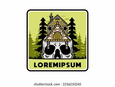 Illustration badge design of a wooden house with skull
