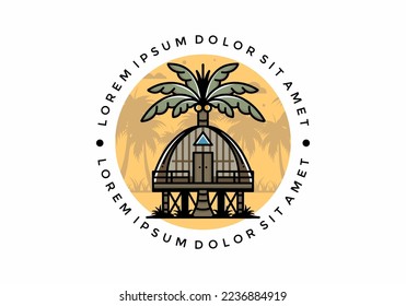Illustration badge design of a Wooden house with big coconut tree