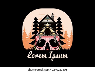 Illustration badge design of a wooden house with skull