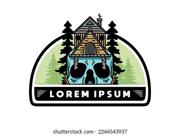 Illustration badge design of a wooden house with skull