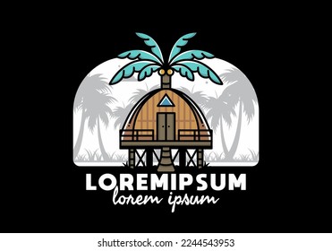Illustration badge design of a Wooden house with big coconut tree