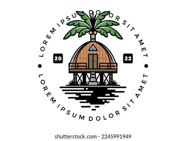 Illustration badge design of a Wooden house with big coconut tree