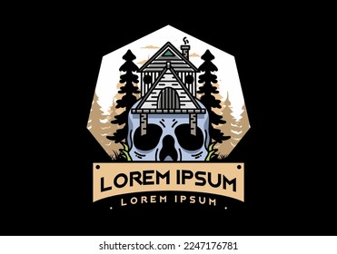 Illustration badge design of a wooden house with skull