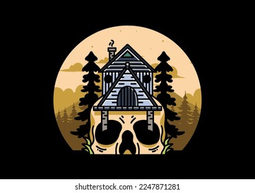 Illustration badge design of a wooden house with skull