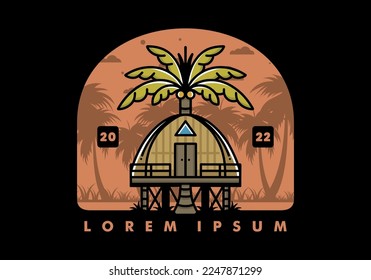 Illustration badge design of a Wooden house with big coconut tree