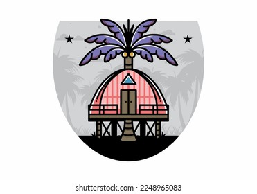 Illustration badge design of a Wooden house with big coconut tree