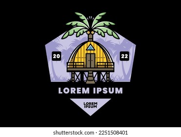 Illustration badge design of a Wooden house with big coconut tree