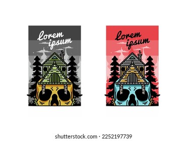 Illustration badge design of a wooden house with skull