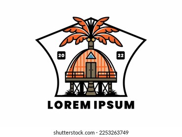 Illustration badge design of a Wooden house with big coconut tree
