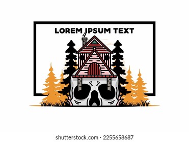 Illustration badge design of a wooden house with skull