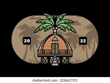 Illustration badge design of a Wooden house with big coconut tree