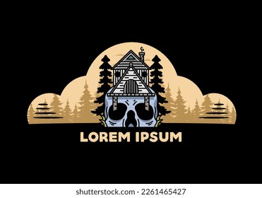 Illustration badge design of a wooden house with skull