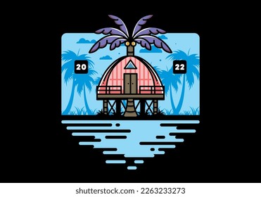 Illustration badge design of a Wooden house with big coconut tree