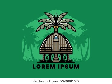Illustration badge design of a Wooden house with big coconut tree