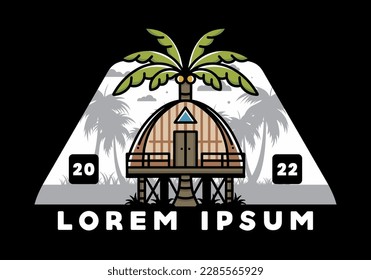 Illustration badge design of a Wooden house with big coconut tree