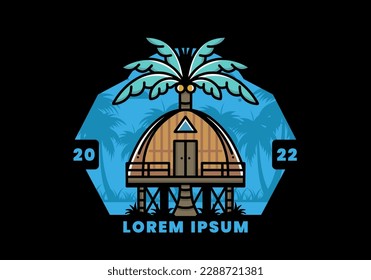 Illustration badge design of a Wooden house with big coconut tree