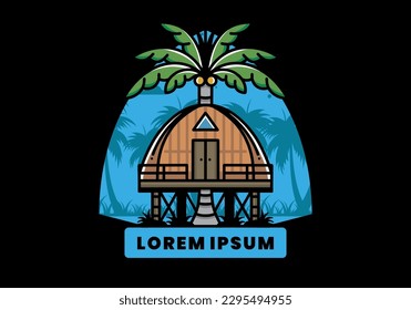 Illustration badge design of a Wooden house with big coconut tree