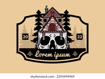 Illustration badge design of a wooden house with skull