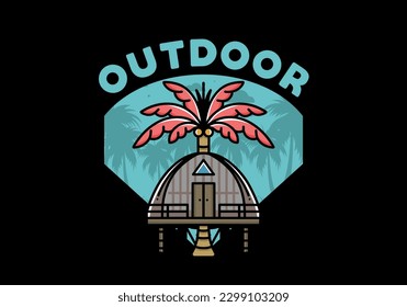 Illustration badge design of a Wooden house with big coconut tree