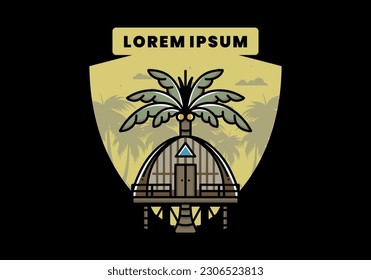 Illustration badge design of a Wooden house with big coconut tree