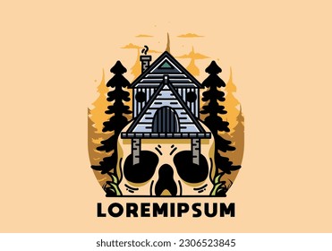 Illustration badge design of a wooden house with skull