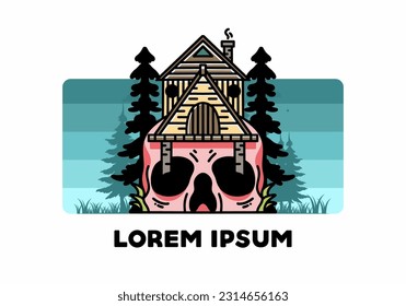 Illustration badge design of a wooden house with skull