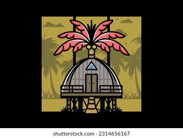 Illustration badge design of a Wooden house with big coconut tree