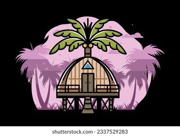 Illustration badge design of a Wooden house with big coconut tree