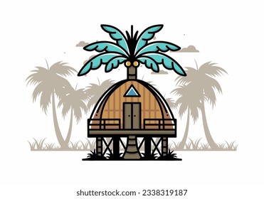 Illustration badge design of a Wooden house with big coconut tree