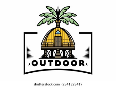 Illustration badge design of a Wooden house with big coconut tree