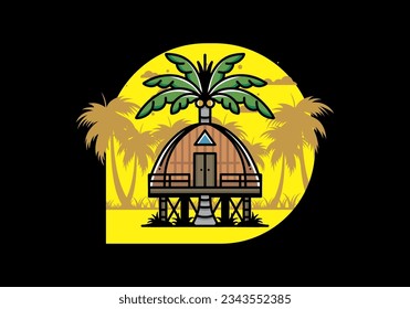 Illustration badge design of a Wooden house with big coconut tree