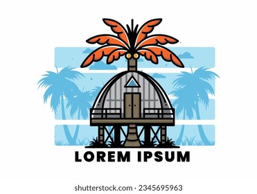 Illustration badge design of a Wooden house with big coconut tree