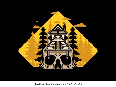 Illustration badge design of a wooden house with skull