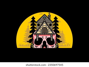 Illustration badge design of a wooden house with skull