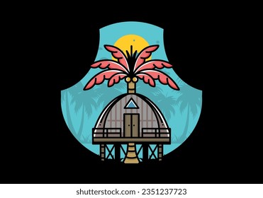 Illustration badge design of a Wooden house with big coconut tree