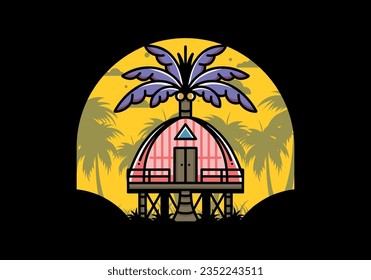Illustration badge design of a Wooden house with big coconut tree