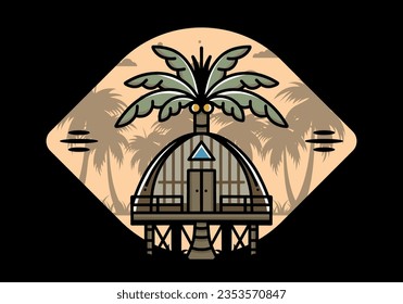 Illustration badge design of a Wooden house with big coconut tree