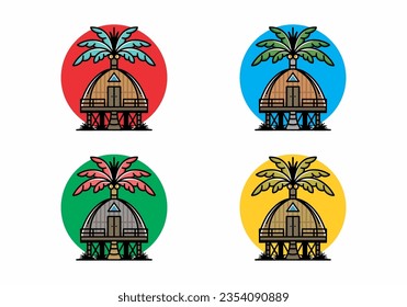 Illustration badge design of a Wooden house with big coconut tree