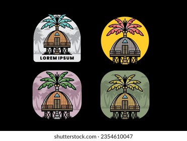 Illustration badge design of a Wooden house with big coconut tree