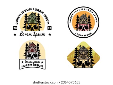 Illustration badge design of a wooden house with skull