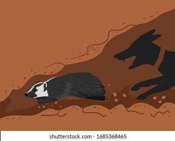 Illustration of a Badger Being Hunted By Dogs Underground as Part of Badger Persecution, a Wildlife Crime