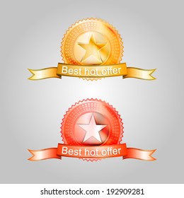 Illustration of badges for the best offer. Red and gold badges for the best offer. Two vector illustrations isolated on white.