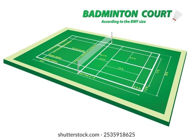 Eine Abbildung des Badmintonhofs mit Abmessungen, die nach Badminton World Federation (BWF) Standards gekennzeichnet sind. Das Bild hebt die wichtigsten Maße für Einzel- und Doppelspiele hervor, einschließlich Linien