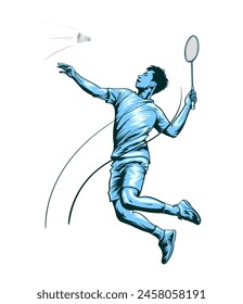 illustration of badminton player man hits the shuttlecock. Badminton championship vector illustration on isolated Background