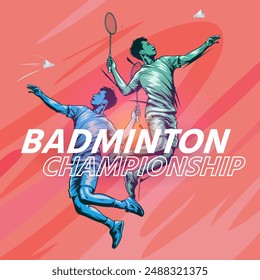 illustration of badminton player man hits the shuttlecock. Badminton championship Banner vector illustration.