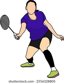 Illustration of a badminton player poised to hit a shuttlecock. The athlete wearing a purple shirt and green shoes is captured in motion with a racket and shuttlecock,showcasing energy and precision.